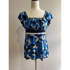 VTG Y2K AB Studio Babydoll Blouse Womens M Blue Print Short Sleeve Made in USA